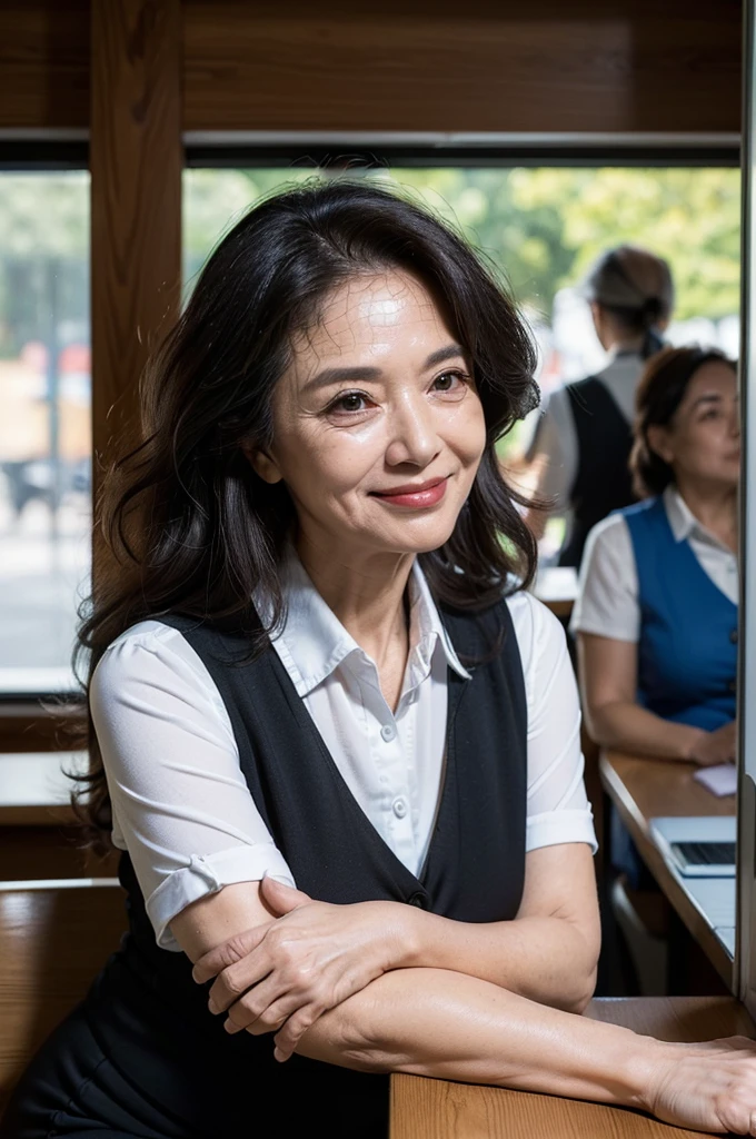 (masterpiece:1.4),(Female, 67 years old:1.5),(Facial wrinkles : 1.2), (facing away : 1.3), cheerful smile, long curly hair, maternal, Mature Woman, upper body shoot, sitting, office worker, (smooth fabric), (polyester black vest with button), black pencil skirt, white short sleeve shirt, (plump arms : 1.2), (focus on arms), working at ticket window, detailed backgrounds