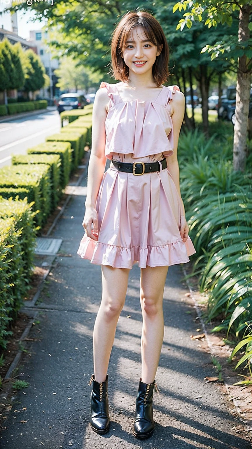 (8k、RAW Photos、Highest quality、masterpiece:1.2)、(Highest quality、Realistic)、1 Girl、((Frills、Black and pink miniskirt、Off the shoulder、Idol Costume、ribbon、See-through、Thin legs、whole body、boots、garden、View from the front、Looking into the camera、Stand with hands on hips))、cute