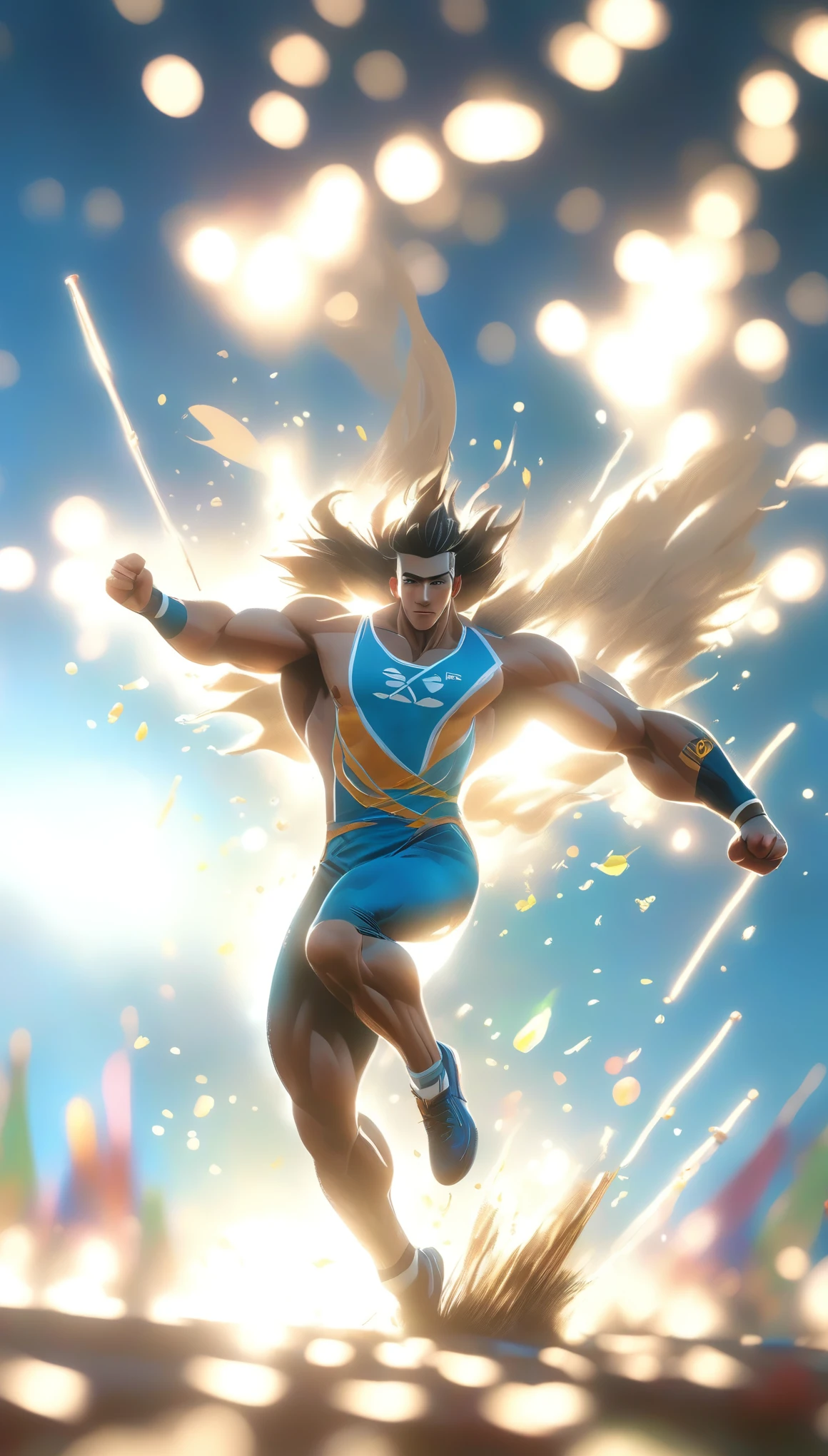 imagen de perfil:1.4, long shot, full body:1.4, a man, olympic pole vaulter:1.5, dynamic action pose, muscular athletic body, strong arms, intense focus, blue sky, outdoor stadium, crowd cheering, olympic games, sports competition, dynamic motion blur, dramatic lighting, cinematic composition, hyper-realistic, photorealistic, 8k, high quality, intricate details
