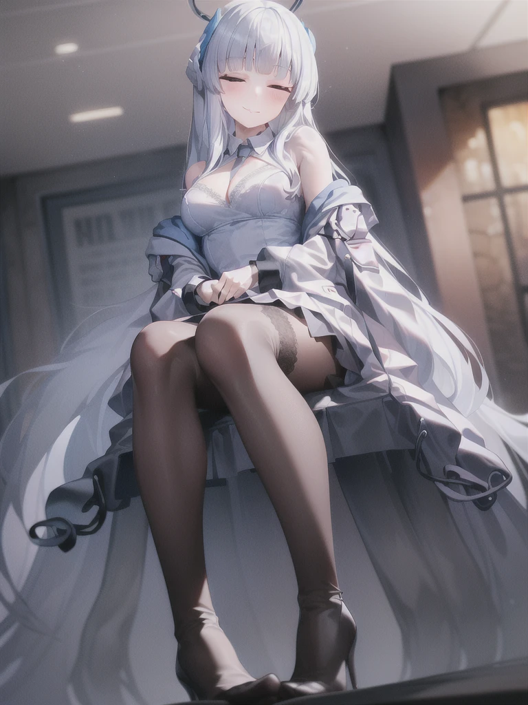 A girl，Long hair, Bangs, White hair, Hair between the eyes, s eyes:（1.5),  (Medium breasts:1.2), 
rest  锁骨, Wedding dress，veil，wedding，Black dress，Flowers，The skirt is broken，Black socks，Black knee socks，Black gloves，boots，Cleavage，
Looking at the audience, whole body,
indoors, church，permanent，permanent，Smile，With eyes closed，With eyes closed，
rest (masterpiece:1.2), best quality, high resolution,  8k wallpaper, (illustration:0.8), (美丽细致s eyes:1.6), Extremely detailed face, Perfect lighting, Extremely detailed CG, (Perfect hands, Perfect anatomical structure),