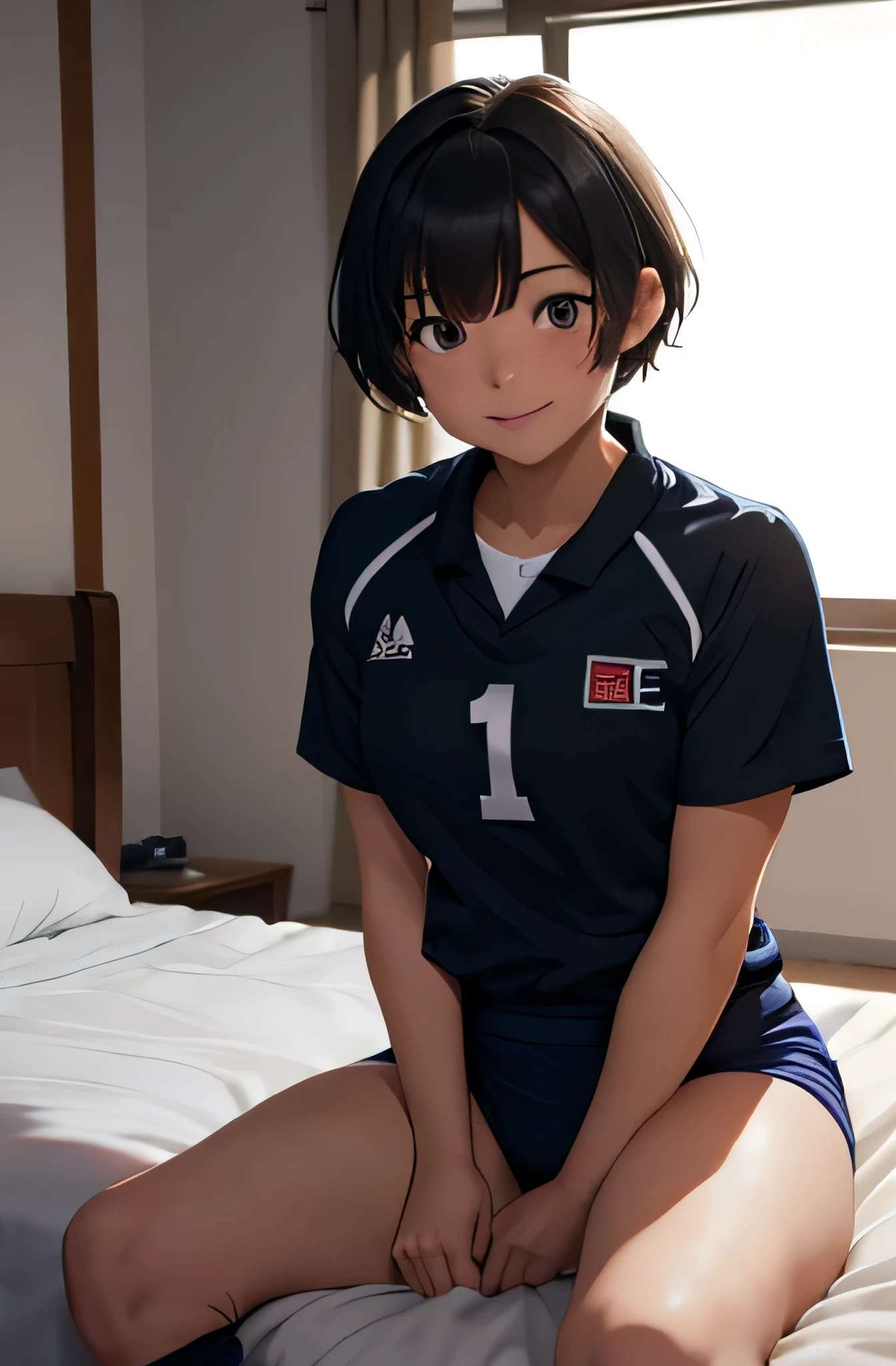 Girl in volleyball uniform, short hair,Put your hair on your ears,Black Hair,(smile),Inside the room, summer,bed,Sit down,small bulge in the chest,,Look at this,transparent, (masterpiece, Highest quality), Soft Light, Structure of the film, Information like a movie
