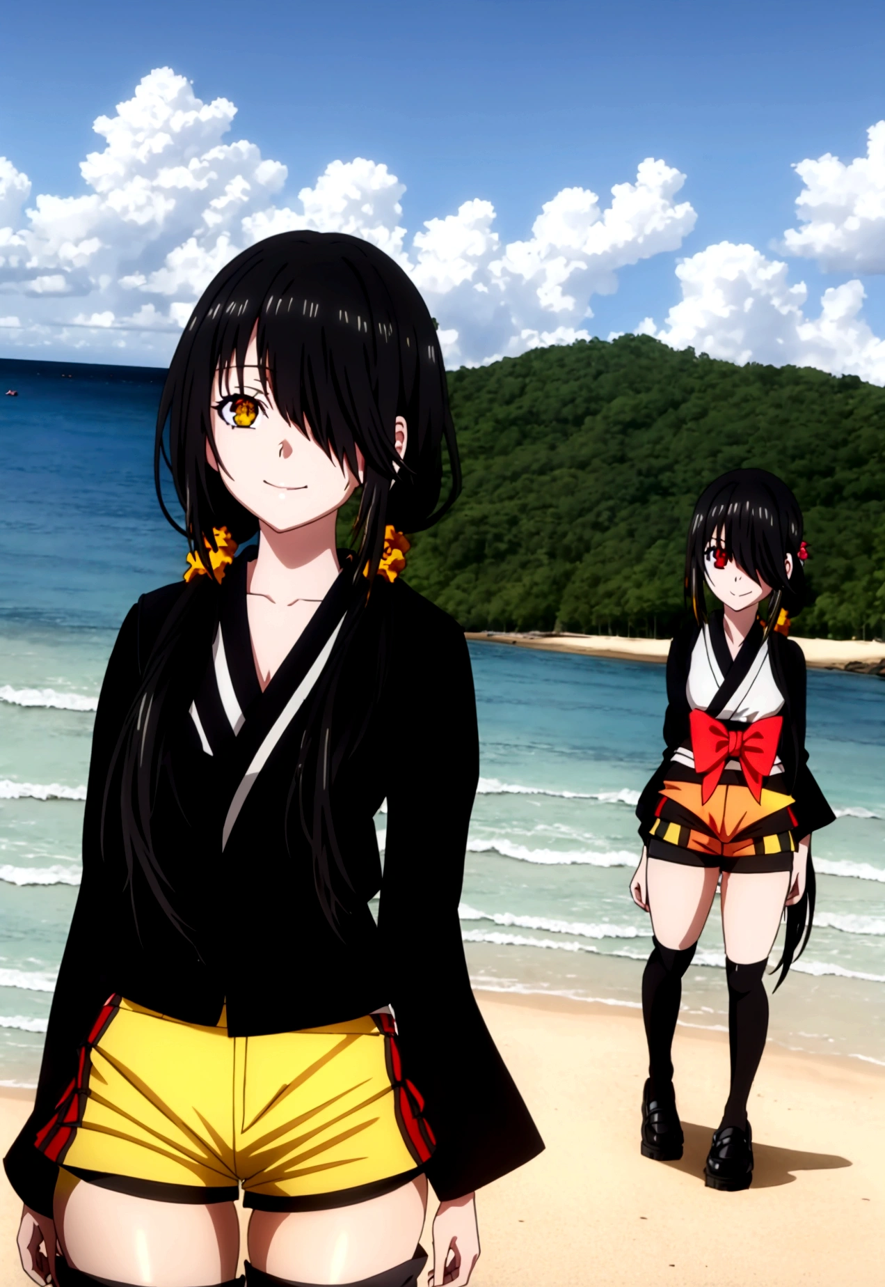 ultra-detailed,highly detailed, best quality,masterpiece, illustration, realistic, photo, photorealistic,
1girl, ((tokisaki kurumi)), ((cosplay)), hair over one eye, (right red eye, left yellow eye), looking at viewer, happy girl, (low twintail) , ((kimono)), (((Black hotpants))), hair rings, loafers,
(Outdoors), walking, ((beach)) 