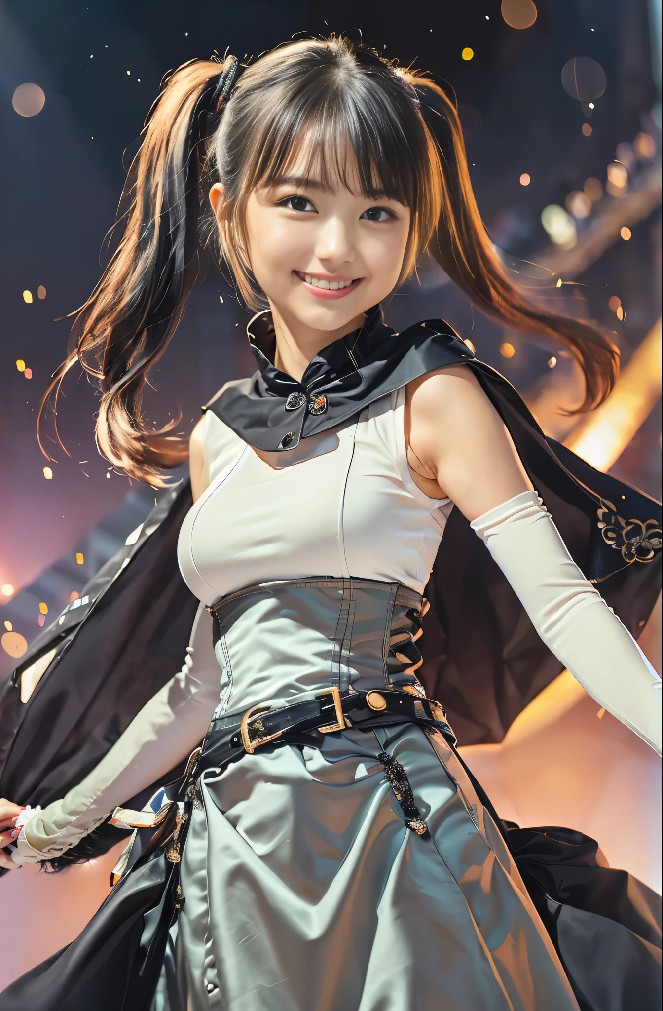 (8K、Raw photography、Highest quality、masterpiece:1.2),(Black Hair、Dark Eyes:1.9),(:1.6)、View your viewers,Front view,White skin,(Twin tails:1.4)、(Tight waist:1.6)、(Clothes that accentuate the shape of the breasts:1.0)、(Big Breasts :1.3)、Slim figure、Ultra-high resolution,beautiful,beautiful fece,(One person、No background:1.9),whole bodyボディー,Japanese women,(reality的:1.37)、Photon Mapping,reality、(Baby-faced and cute: 1.4)、(Cute Smile: 1.8)、(Round face: 1.8)、Radio City、Physically Based Rendering、Depth of field rally background、photograph, (I can see your knees、Thigh close-up:1.8),(:1.6),whole body、Great quality