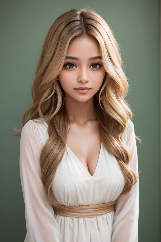 A brown woman with light brown skin and voluminous blonde hair. Your hair is full, wavy and goes down to the shoulders. She is dressed in a simple white blouse, highlighting the natural beauty of your features. eyes are light brown, with a friendly glow. She has a soft smile, which adds a touch of warmth to your expression. The background of the image is simple, maybe in a pastel color, so as not to divert attention from the main figure.