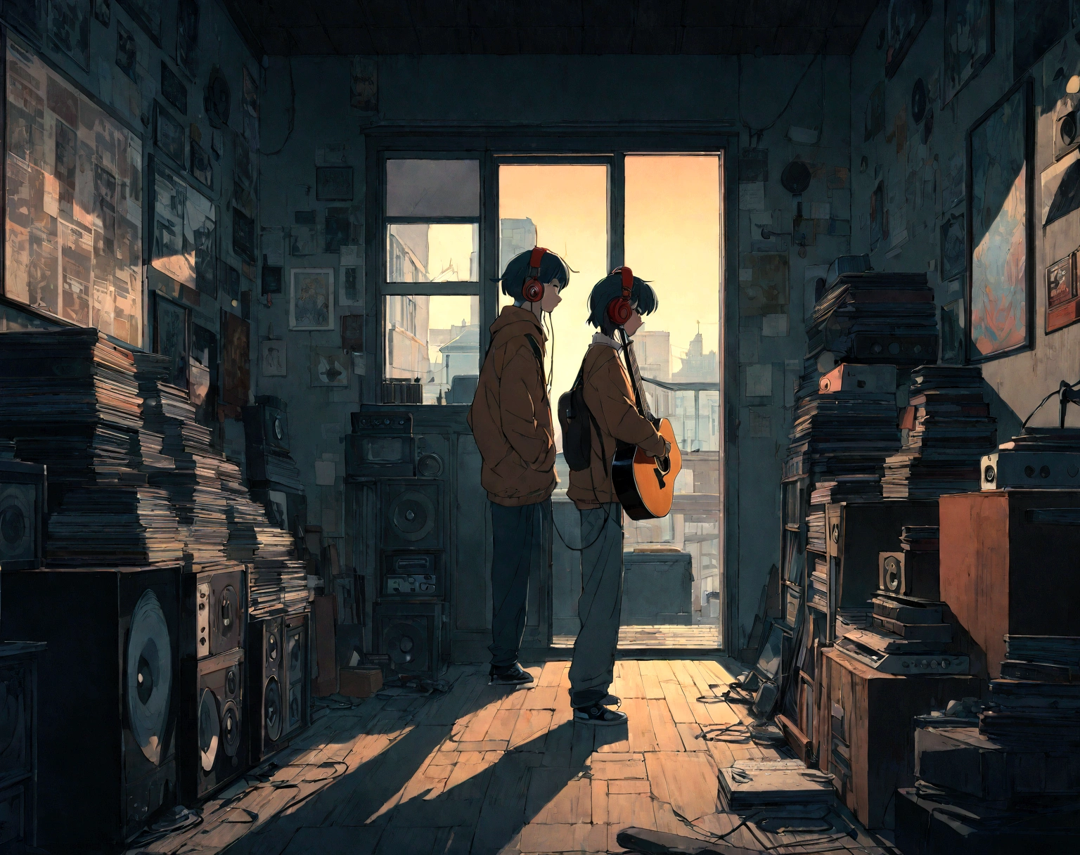 Boy wearing headphones and listening to music, Very detailedな, evening, sad mood, Bright light coming through the window, Night view, , 2D, (Shot from a distance), Wide Shot, (Noise from the film), Old cartoons, (Many records: 1.3), Record store, (masterpiece, Very high quality, Very high quality, Official Art, beautifully、beautiful: 1.2), (Very detailed, (Fractal Art: 1.4 ), guitar, (Note: 1.4), (Lo-fi Hip Hop), Side view, Old Anime Texture, alone, speaker