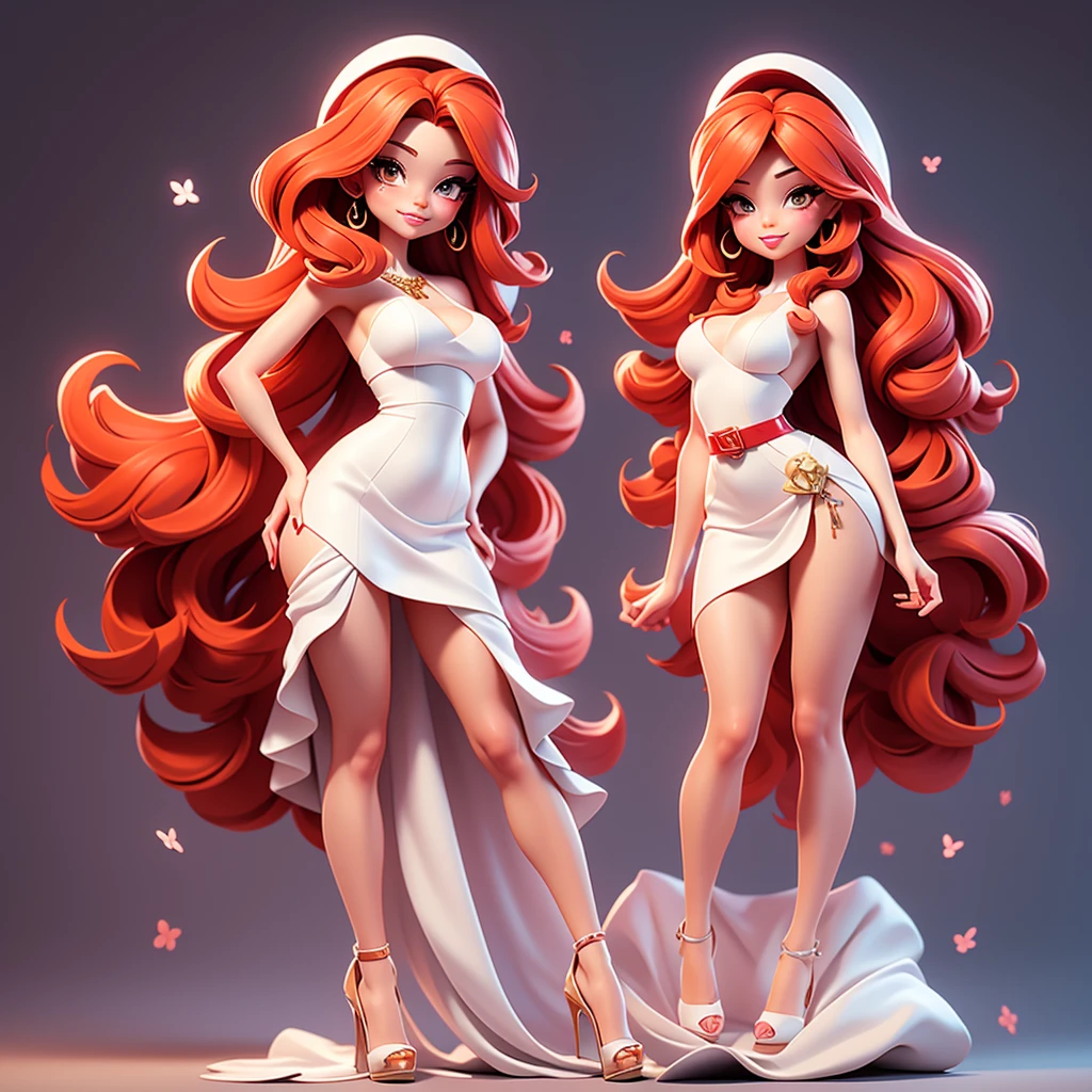 A sexy cartoon woman in white dress posing gracefully for a photo, beauty in loose dress, long straight red hair, Waist slender, sexy girl, mulher de corpo inteiro, wearing loose dress, beautiful seductive woman, slender figure, cartoon vector style, corpo pin-up, Broad Hips