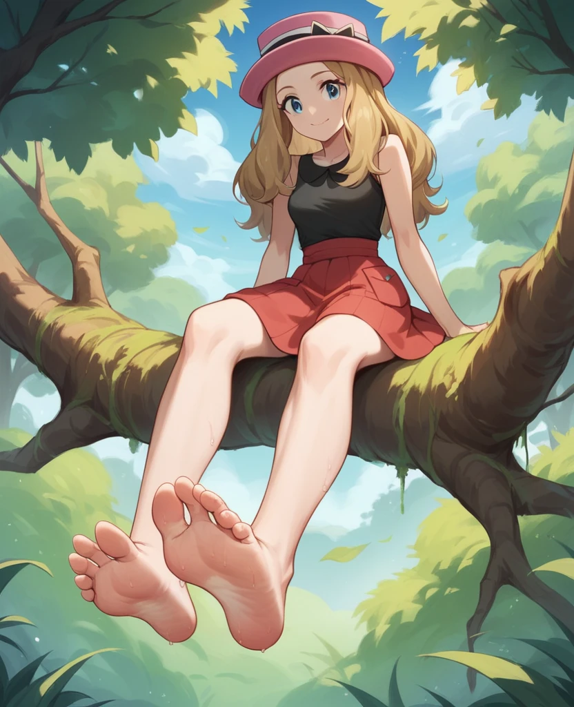 Masterpiece, Best Quality, high resolution, vegetation and trees in the background, A girl, alone, blue eyes, long hair, blonde color, funny look, sitting at the top of a tree on a branch, smiling, serena (pokemon), pink hat, black shirt, bare shoulders, Red skirt, bare legs stretched and apart, barefoot, soles of feet hanging , head on, black panties, sweaty feet, (view from the ground up)