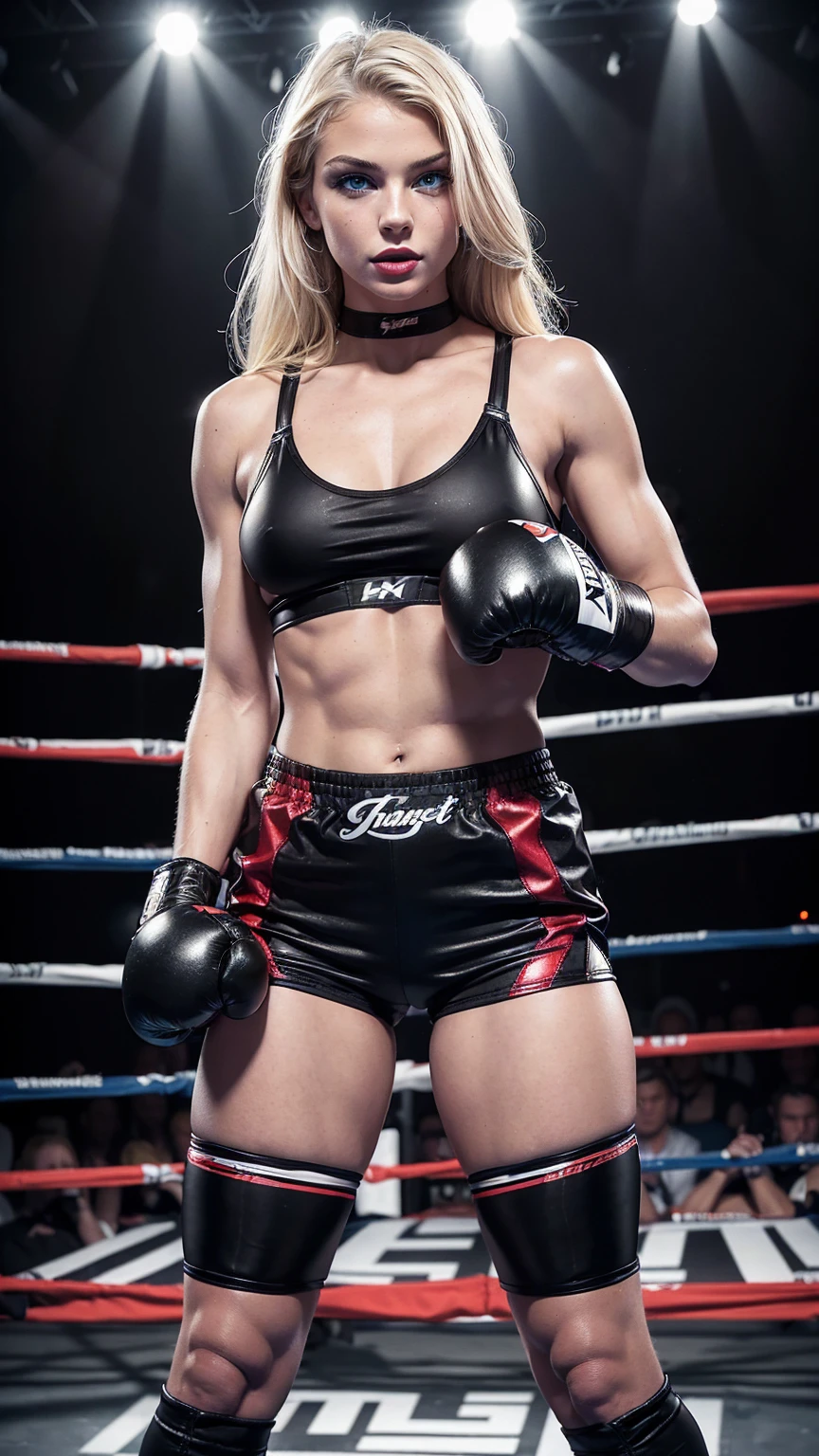 Beautiful cute American blonde bombshell, 18 years old, blue eyes, (black boxing shorts), (sexy boxing shorts), (tiny bra), (black boxing boots), blue eyes, straight blonde hair, muscular arms, toned body, boxing gloves, (lipstick, heavy makeup:1.3), ((black boxing shorts:1.3)), slutty makeup, perky breasts, small firm breasts, intimidating pose in a boxing ring, ((full body portrait:1.3)),