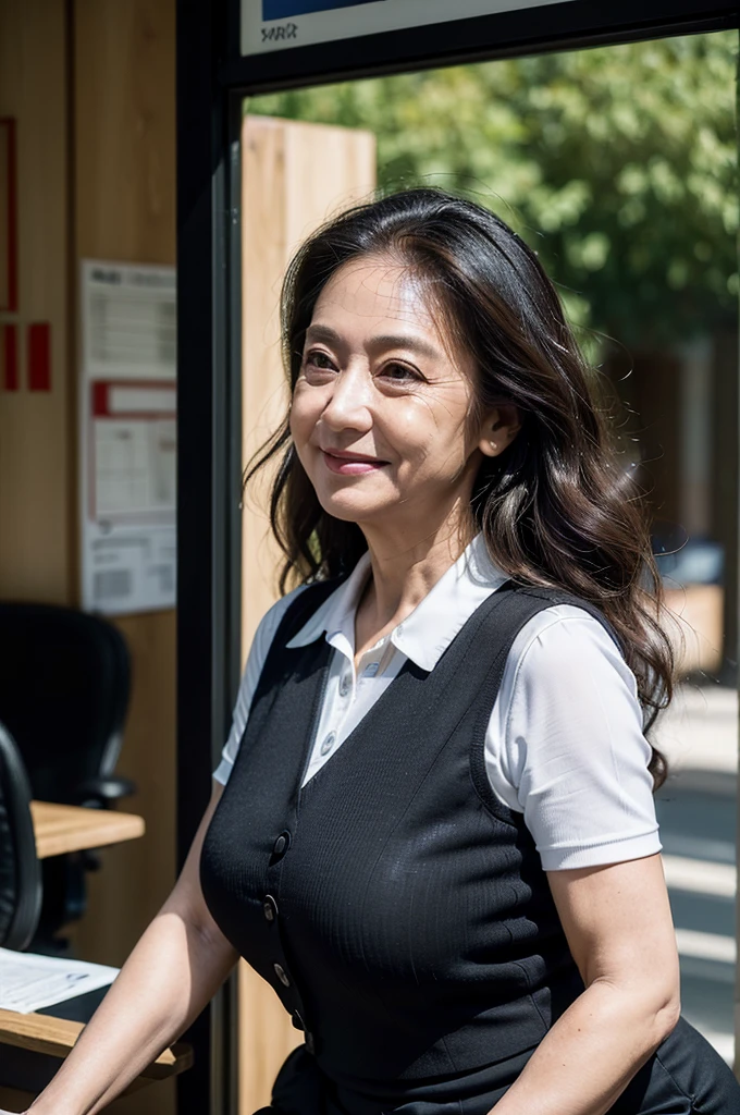 (masterpiece:1.4),(Female, 67 years old:1.5),(Facial wrinkles : 1.2), (facing away : 1.3), cheerful smile, long curly hair, maternal, Mature Woman, upper body shoot, sitting, office worker, (smooth fabric), (polyester black vest with button), black pencil skirt, white short sleeve shirt, (plump arms : 1.25), (focus on arms), working at ticket window, detailed backgrounds