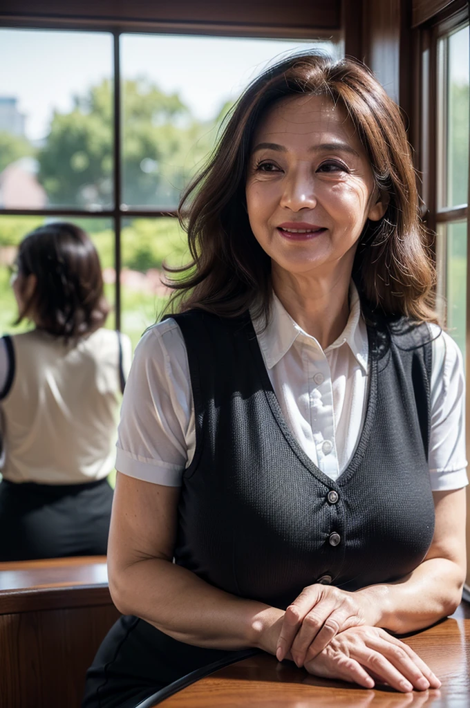 (masterpiece:1.4),(Female, 67 years old:1.5),(Facial wrinkles : 1.2), (facing away : 1.3), cheerful smile, long curly hair, maternal, Mature Woman, upper body shoot, sitting, office worker, (smooth fabric), (polyester black vest with button), black pencil skirt, white short sleeve shirt, (plump arms : 1.25), (focus on arms), working at ticket window, detailed backgrounds