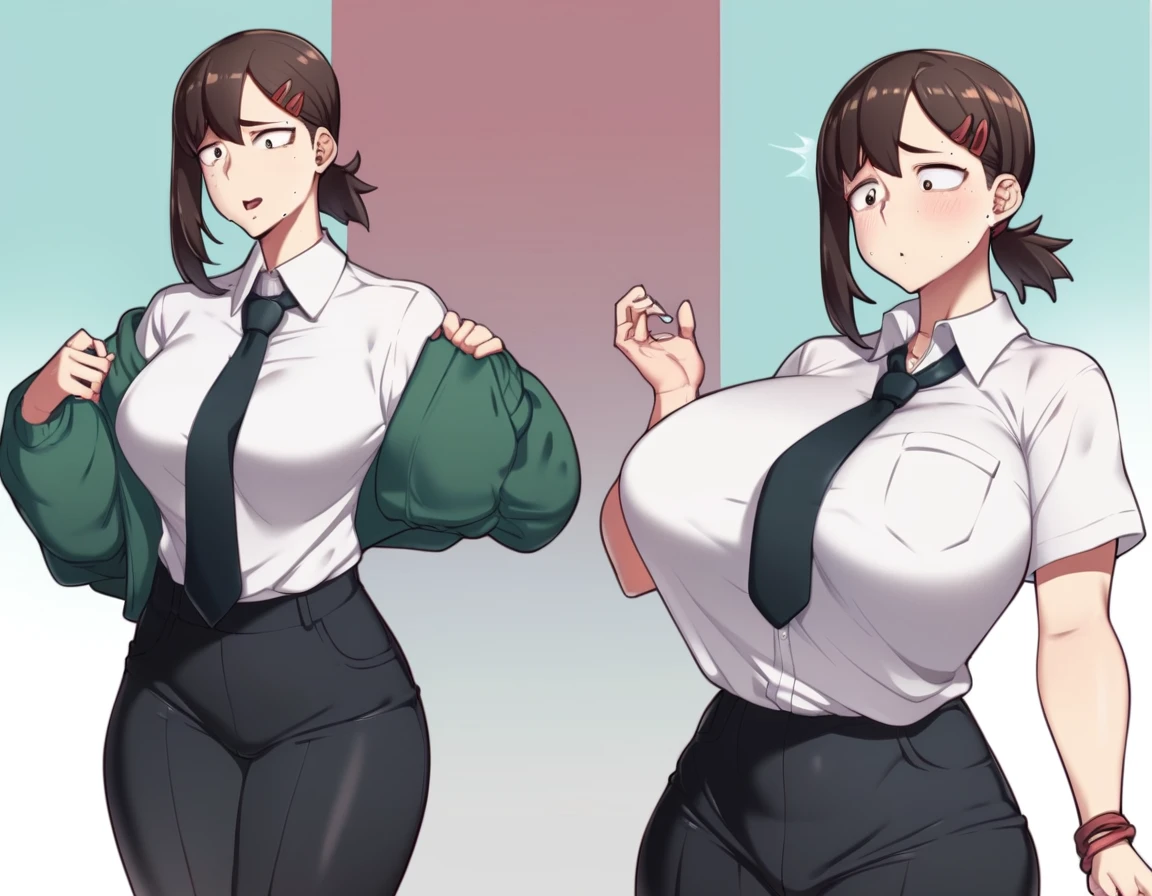 score_9, score_8_up, score_7_up, score_6_up, score_5_up,1girl,higashiyama kobeni,(breast expansion:1.2),multiple views, huge breasts,formal, necktie,black pants, (SSP:1.1), white shirt,