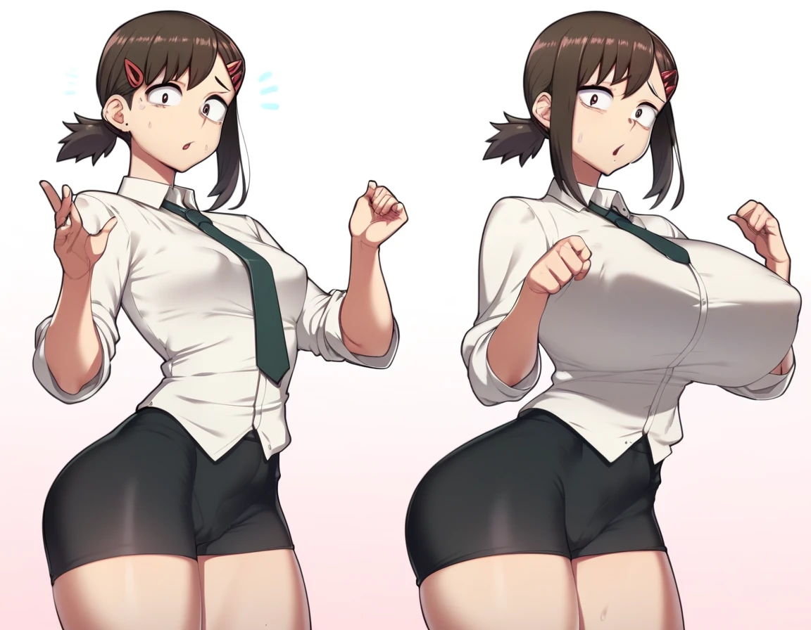 score_9, score_8_up, score_7_up, score_6_up, score_5_up,1girl,higashiyama kobeni,(breast expansion:1.2),multiple views, huge breasts,formal, necktie,black pants,  (SSP:1.1), white shirt, 