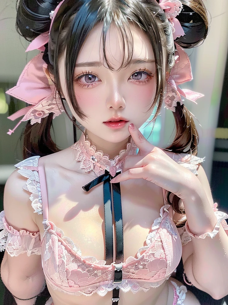 ((Highest quality)),(Ultra-high resolution),(Very detailed),(Detailed Description),((The best CG)),(masterpiece),Very detailedなアート、Small breasts、Whitening 1.5、Translucent white skin、(((Pink lace bra 1.5)))、High Leg 1.4、Ribbon hair ornament、(((Twin Tail Hairstyle 1.5)))Tying up hair、Glitter Necklace、Ultimate Beauty 1.5、((( Place your right hand on your mouth 1.5)))、Open your mouth、(((Mid-shot photo 1.5)))