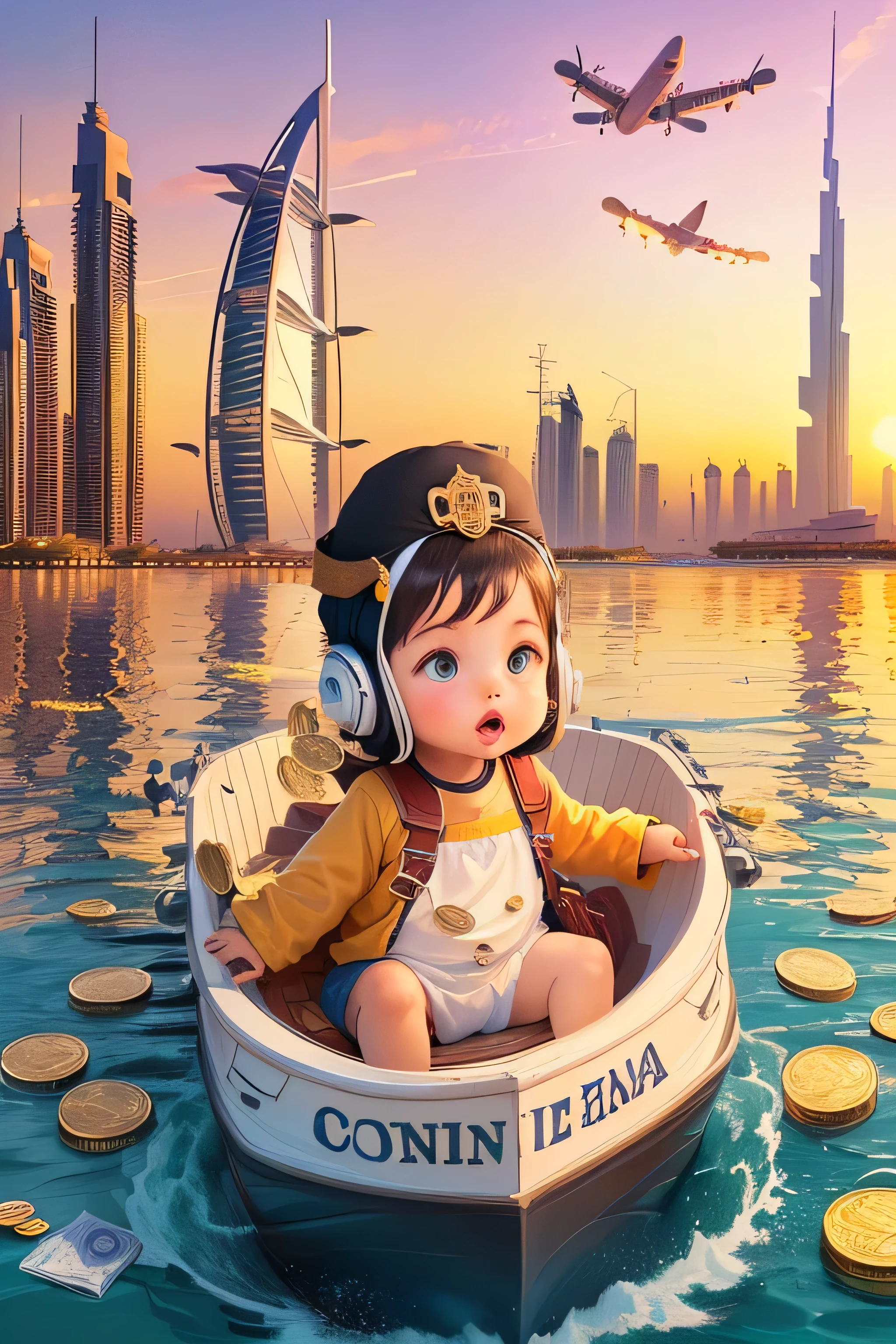 Cartoon baby on boat with money and plane flying over city, boat full of coins representing virtual currency flooding the sea, representing Early Adopter's Cruise, background is Dubai Digital Illustration, 8K cartoon illustration, Dubai