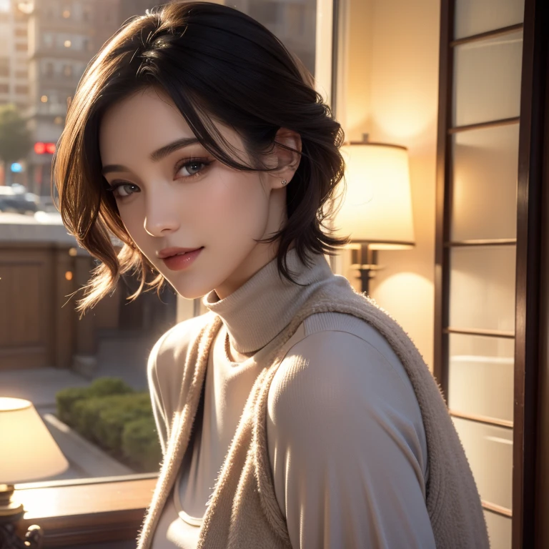 A beautiful young woman, 1girl, short hair, casual outfit, detailed face, alluring eyes, full lips, large bust, turtle neck t-shirt, gray vest, outdoor setting, soft lighting, warm colors, best quality, 4k, 8k, highres, masterpiece, ultra-detailed, realistic, photorealistic, photo-realistic, cinematic, beautiful detailed eyes, beautiful detailed lips, extremely detailed face and eyes, long eyelashes, intricate clothing textures, elegant posing, warm smile, romantic atmosphere