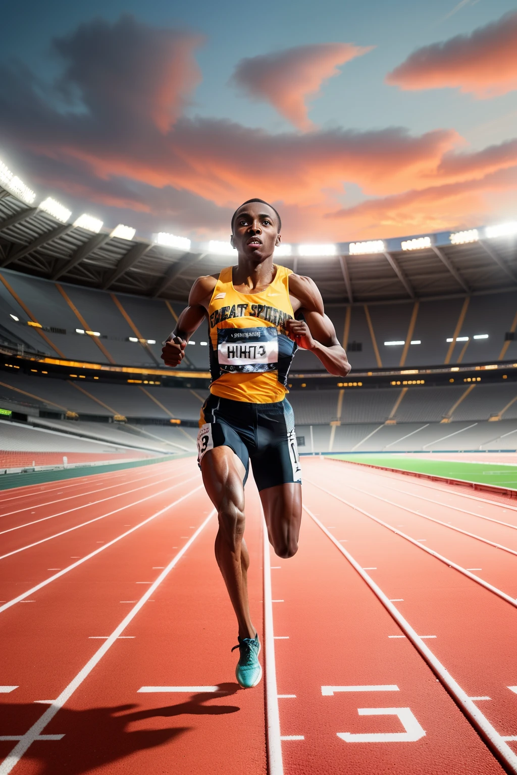 An epic scene of a african sprinter launching off the starting blocks in a dramatic stadium setting. The athlete is captured mid-stride, muscles rippling with power and determination. The background is a grand, modern stadium filled with cheering fans, bright stadium lights, and a vibrant sunset sky. The sprinter's outfit is sleek and aerodynamic, with bold colors and dynamic patterns. The air around them seems to crackle with energy as they speed down the track, leaving a trail of dust behind. Highly detailed, vibrant colors, dynamic motion, energetic atmosphere.