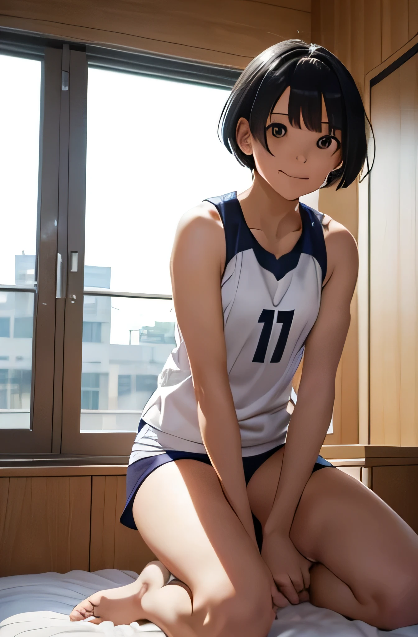 Girl in volleyball uniform, short hair,Put your hair on your ears,Black Hair,(smile),Inside the room, summer,Tank top,bed,Sit down,small bulge in the chest,,Look at this,transparent, (masterpiece, Highest quality), Soft Light, Structure of the film, Information like a movie
