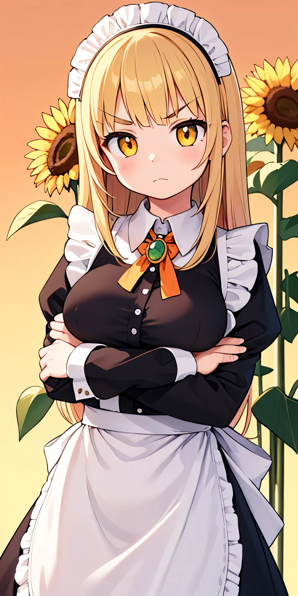 1girl, apron, blonde hair, bow, breast hold, breasts, brooch, closed mouth, crossed arms, dress, dusk, enmaided, evening, frown, ginkgo leaf, gradient, gradient background, long hair, long sleeves, looking at viewer, maid, maid apron, maid headdress, medium breasts, orange background, orange sky, orange theme, ribbon, solo, sunflower, sunset, v-shaped eyebrows, white apron, yellow background, yellow sky, yellow theme