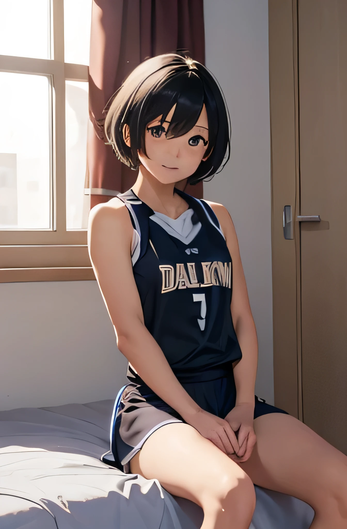 Girl in volleyball uniform, short hair,Put your hair on your ears,Black Hair,(smile),Inside the room, summer,Tank top,bed,Sit down,small bulge in the chest,,Look at this,transparent, (masterpiece, Highest quality), Soft Light, Structure of the film, Information like a movie
