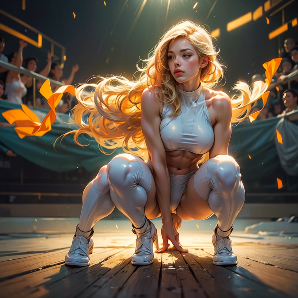 (Full body portrait:1.4)、(Wide legged squats:1.3)、(Arms raised to show armpits:1.5)、(Female wrestler、a muscular build、Six Pack Abs)、Large amount_sweating:1.8、A skimpy white wrestling outfit、At the training gym、(Correct Anatomy)、(Highest quality、4K、8K、High resolution、masterpiece:1.2)、Very detailed、(Genuine、Realistic、Realistic:1.37)、Dynamic action poses、Dynamic Lighting、Structure of the film、Very detailed顔の特徴、Very detailed目と顔、Long eyelashes、Chiaroscuro lighting、Dramatic Shadows、Impressive color palette、Bright col(motion blur effect:1.4))