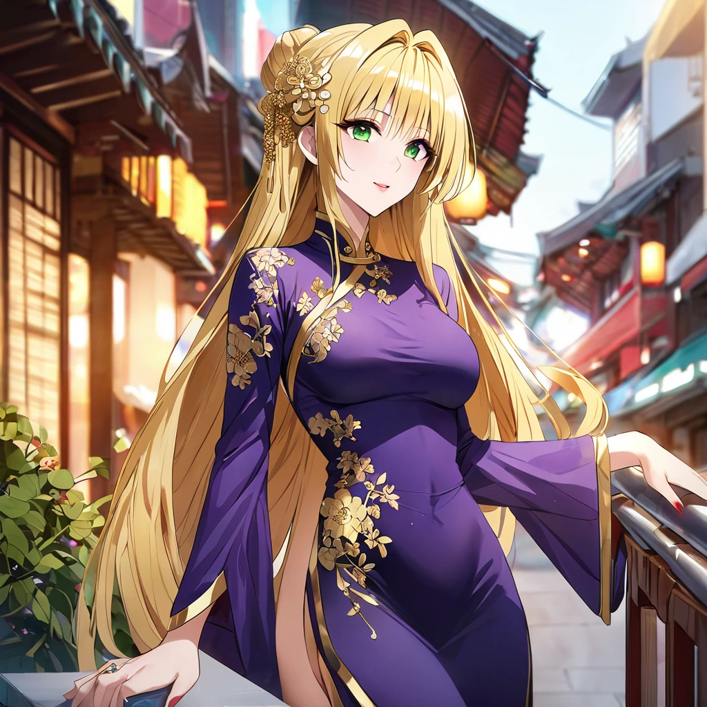 ((Highest quality)), ((masterpiece)), (detailed), (Perfect Face)、The woman is a Vietnamese thai woman, wearing a gorgeous and glittering ao dai, a traditional Vietnamese dress with gold embroidery, a gorgeous hair ornament, gorgeous jeweled accessories and an engagement ring, and is in a city in Vietnam.、The woman is an elegant Thai lady with green eyes and medium-long blonde hair. She is a Vietnamese Thai lady wearing an Ao Dai.