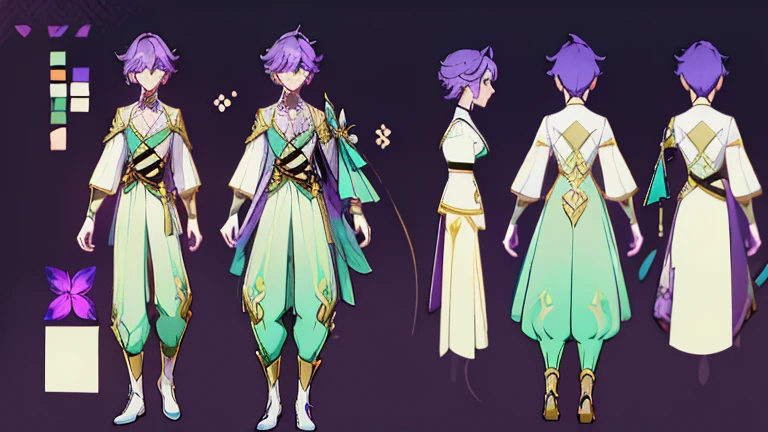 (Masterpiece, best quality), detailed, 1 woman, ((character concept art)), ((character design sheet, same character, front, side, back)), full body, body complete, 1 female, 1 women. Detailed face, character design sheet full body, Highly detailed, character sheet, character design, Many parts, pale skin, green eyes, short purple hair, male hairstyle, short male hair, lavender flower, lavender flower reference, lavender flower character reference, lavender flower inspired, male clothes, male clothing, flat chest, Solarpunk, Solarpunk reference, Solarpunk inspired outfit, pants, gold details, pastel purple, dark green outfit color palette.