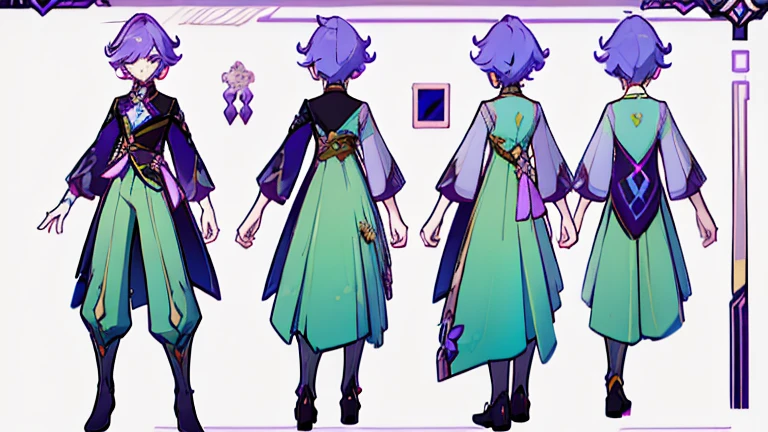 (Masterpiece, best quality), detailed, 1 woman, ((character concept art)), ((character design sheet, same character, front, side, back)), full body, body complete, 1 female, 1 women. Detailed face, character design sheet full body, Highly detailed, character sheet, character design, Many parts, pale skin, green eyes, short purple hair, male hairstyle, short male hair, lavender flower, lavender flower reference, lavender flower character reference, lavender flower inspired, male clothes, male clothing, flat chest, Solarpunk, Solarpunk reference, Solarpunk inspired outfit, pants, gold details, pastel purple, dark green outfit color palette.