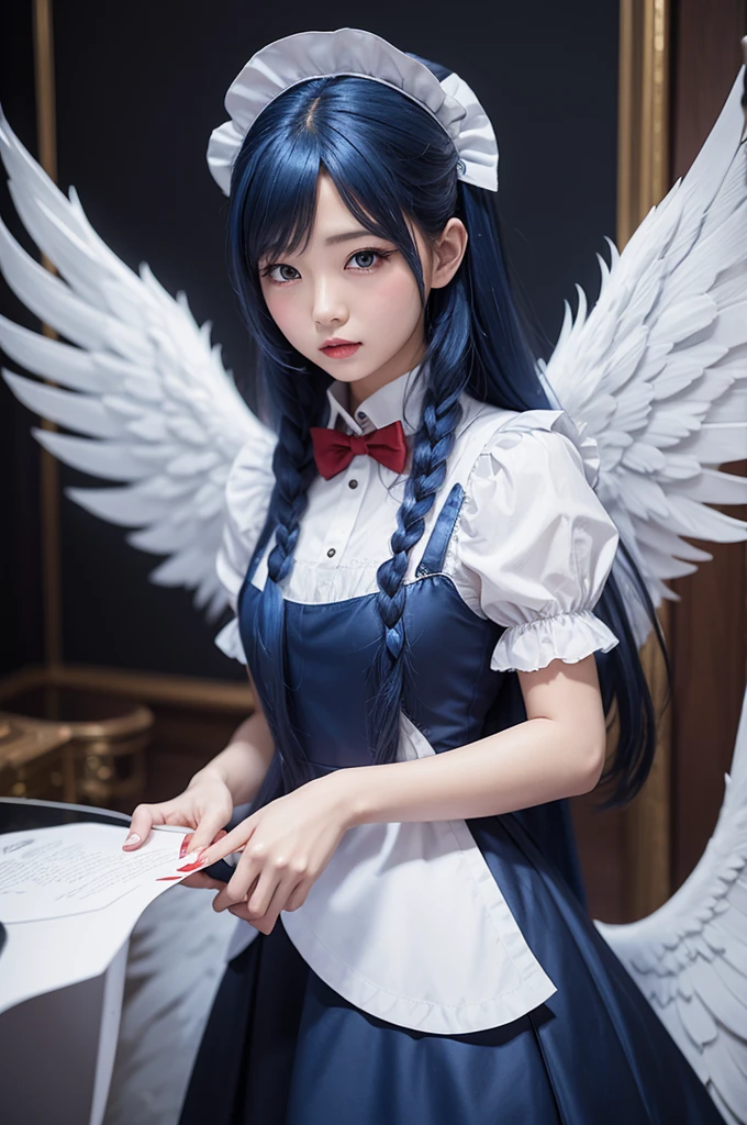 An angel woman with long blue hair dressed as a maid with red wings 