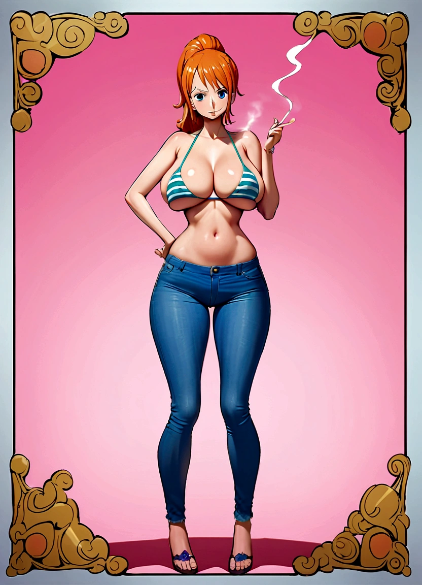 STICKER, (solid outline:1.3), (NSFW:1.2), A detailed illustration of a vivid Sexy Nami from One Piece squatting down with her mouth open and long tongue sticking out, bare breasts, blue thong, legs open, face view, Solo Female, big breasts, erect nipples, Full length View, high heeled boots, shoes visible, zoom out, centre model, vintage t-shirt design, in the style of hand drawing, 3D vector art, fantasy art, watercolour effect, Adobe Illustrator, hand-drawn, digital painting, low-poly, soft lighting, isometric style, retro aesthetic, focused on the character, 4K resolution, photo realistic rendering, using Cinema 4D,