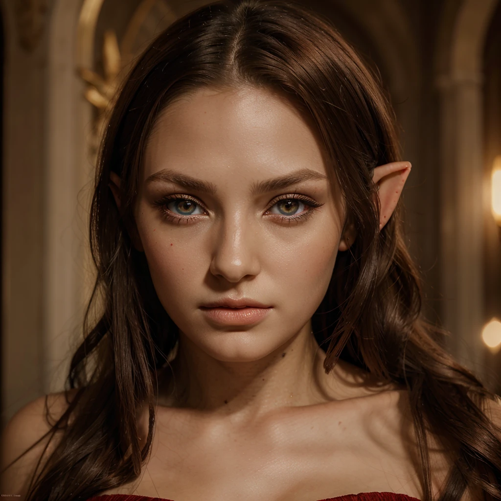 portrait of a beautiful and gorgeous elf woman, with bright blood-red pupils. realistic, beauty.