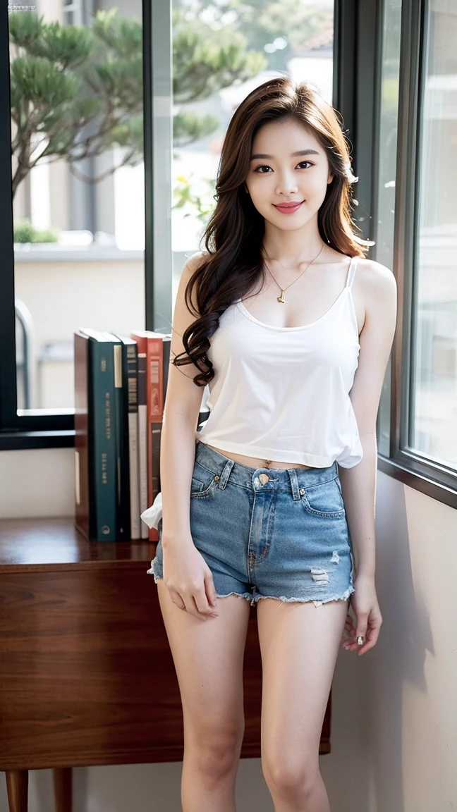 ((Top quality、8K、Master School:1.3、In the company、OL、Office casual setting、 (1 cute korean stars,Large breast bulge) ,Long hair,, 32 inches chest size, Grey Camisole Vest, shorts,White shoes , Nikon, Ultra HD 1 Girl、slender beauty:1.3、Super detail face、Exquisite eyes、Double eyelids、smiling facial expression、(sexy pose),whole body、brown hair、necklace,Tanned skin、Bangs to eyebrows、Beautiful brown hair、Beautiful and delicate eyes、Brown eyes、Raise an eyebrow、Bangs to eyebrows、Beautiful brown hair、Beautiful and delicate eyes、Brown eyes、Raise an eyebrow、High Nose、Small nostril、Little mouth、Tempting lips、Mouth slightly open、Beautiful breasts、Full body、Oval face,Phoenix Eyes,Eyebrow, Double eyelids, Long eyelashes,Long legs and fair skin, Perfect proportion、Perfect Anatomy、Perfect composition、A faint smile,20 years old、beaver、shortcut、piece、 look、stare、Houseplant、verdant、look到whole body、window
