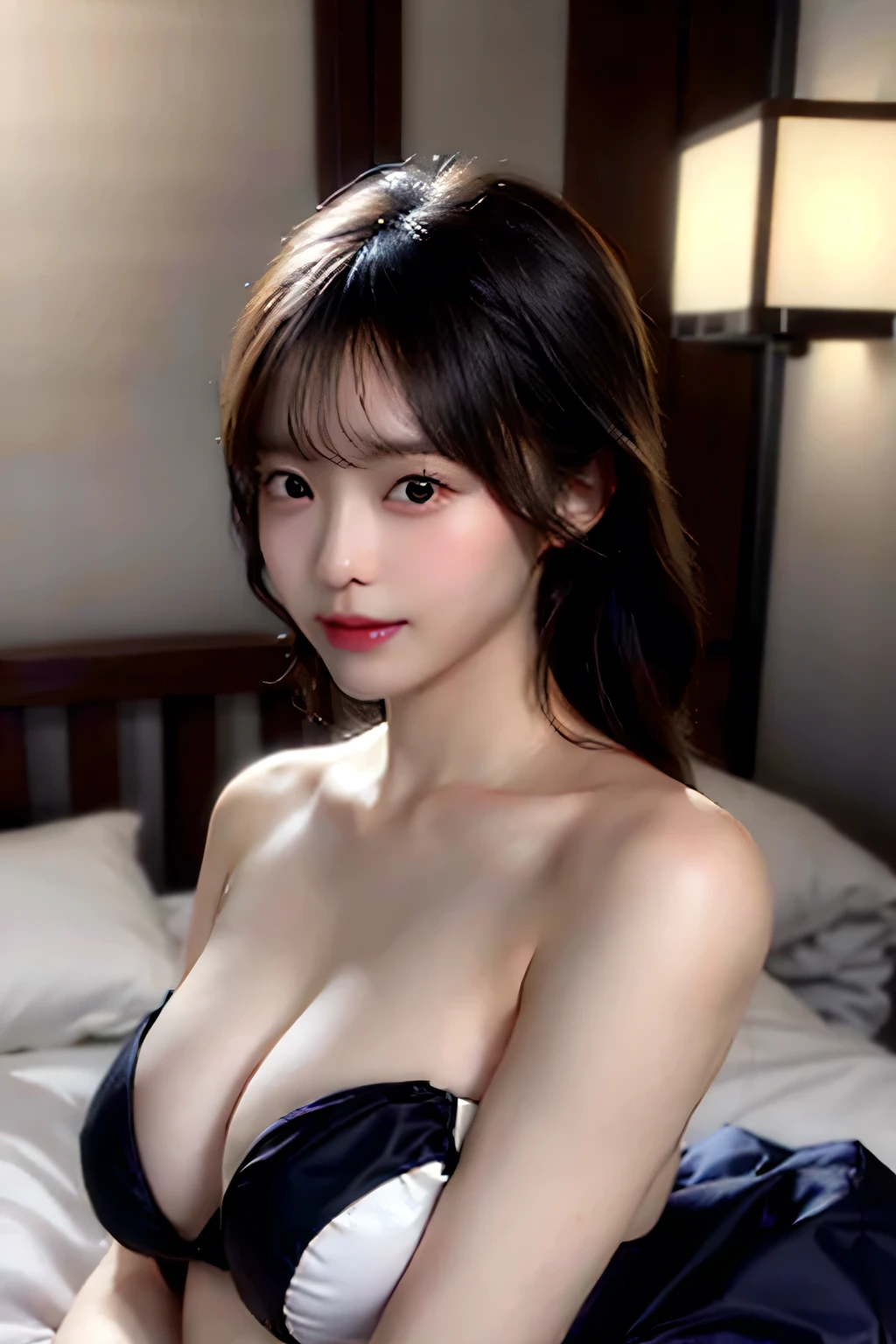 A beautiful, dark-haired Japanese woman kneels on a luxurious bed, gazing defiantly at the viewer. She is wearing a black bikini over her smooth, flawless skin, and has a sensual expression on her face. Her arms are folded behind her back, exposing her ample breasts to the viewer. A lantern is placed by the bed, providing a dim light to the room.