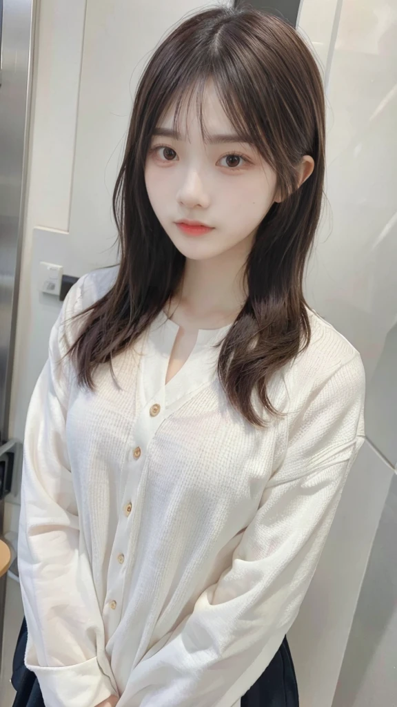 Mature Woman, ((Around 22 years old, round face)), Medium Long Hair, ponytail, Flashy makeup, Fuller lips, Sexy Gaze, uniform, ((dressing)), looking at the camera, Low angle shooting, Cute duck lips, ((Very accurate and correct anatomy)),  (masterpiece:1.3), Perfect proportions, Realistic photos, Full Shot, whole body,High heels