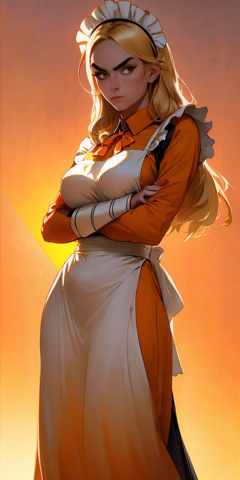 1girl, apron, blonde hair, bow, breast hold, breasts, brooch, closed mouth, crossed arms, dress, dusk, enmaided, evening, frown, ginkgo leaf, gradient, gradient background, long hair, long sleeves, looking at viewer, maid, maid apron, maid headdress, medium breasts, orange background, orange sky, orange theme, ribbon, solo, sunflower, sunset, v-shaped eyebrows, white apron, yellow background, yellow sky, yellow theme