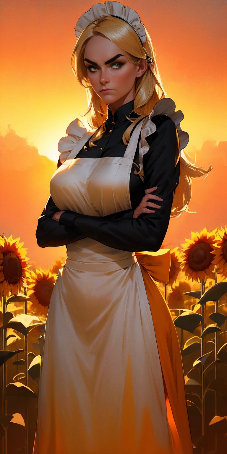 1girl, apron, blonde hair, bow, breast hold, breasts, brooch, closed mouth, crossed arms, dress, dusk, enmaided, evening, frown, ginkgo leaf, gradient, gradient background, long hair, long sleeves, looking at viewer, maid, maid apron, maid headdress, medium breasts, orange background, orange sky, orange theme, ribbon, solo, sunflower, sunset, v-shaped eyebrows, white apron, yellow background, yellow sky, yellow theme