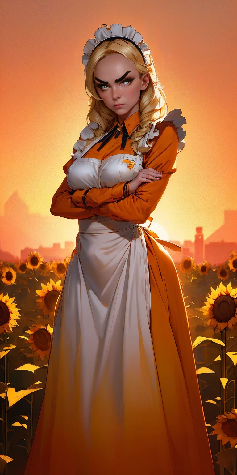 ((ultra detailed, masterpiece, absurdres))
 <lora:BGNNurse:0.8>
BGNNurse,1girl,grey skin, covered eyes, pale skin, bruises, veil,  surrounded by sunflowers in a bright field, smiling, with hands on hips