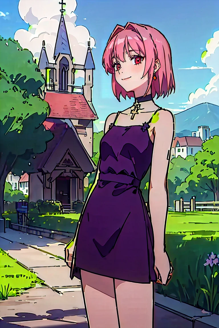 (masterpiece, best quality:1.2), platalissa bonaire, 1girl, bare shoulders, breasts, choker, collarbone, cross, dress, jewelry, looking at viewer, necklace, pink hair, purple dress, short hair, sleeveless, small breasts, solo, bangs, black choker, black dress, cowboy shot, cross necklace, sleeveless dress, medium hair, shoes, background with ((architecture, blue sky, building, bush, castle, city, cityscape, cloud, cloudy sky, day, fence, field, garden, grass, ground vehicle, hill, house, lamppost, landscape, mountain, mountainous horizon, nature, no humans, outdoors, palm tree, park, path, pavement, plant, road, rock, scenery, shrine, sky, skyline, skyscraper, street, tower, tree, tree shade, wall))