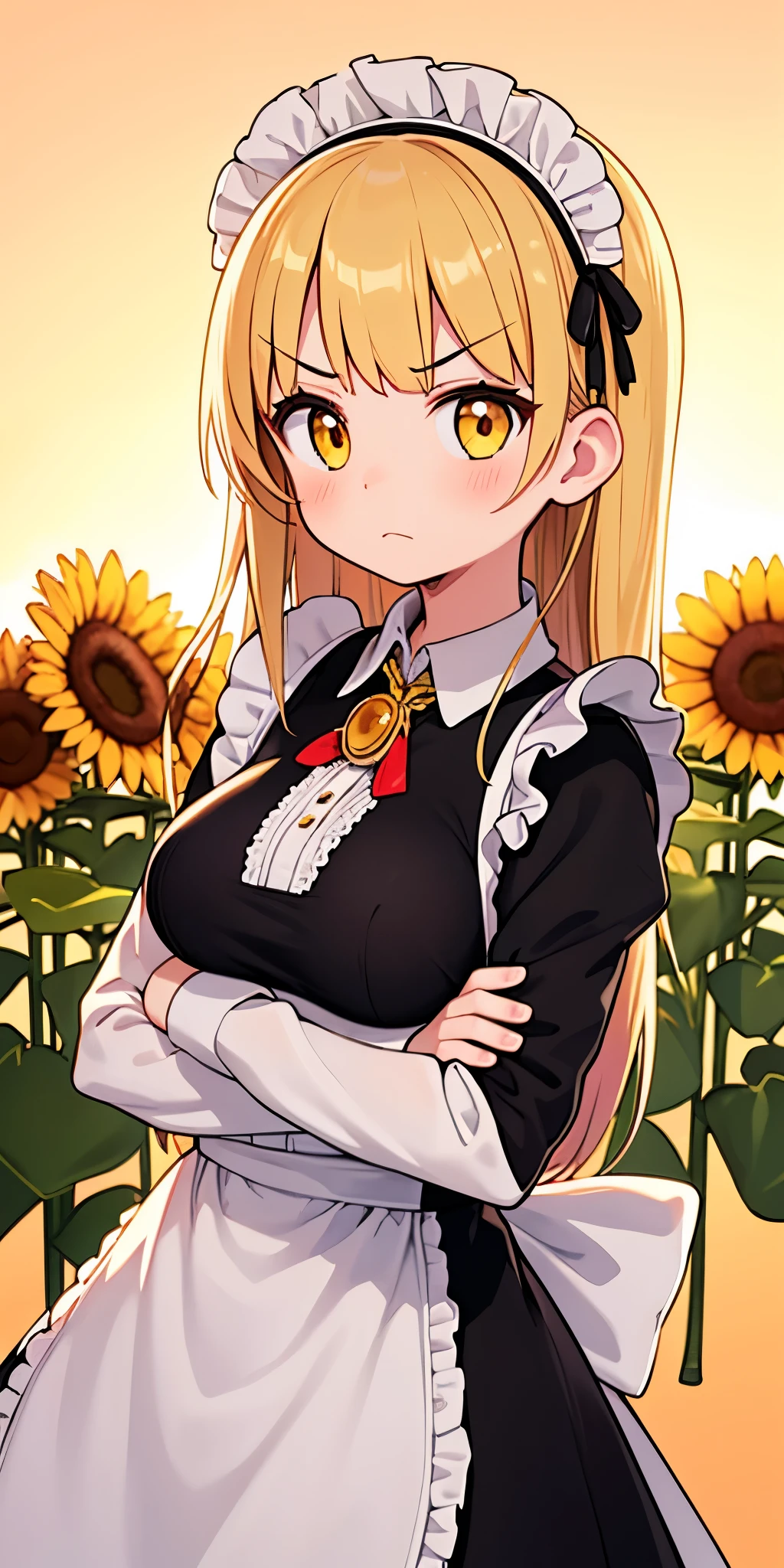 1girl, apron, blonde hair, bow, breast hold, breasts, brooch, closed mouth, crossed arms, dress, dusk, enmaided, evening, frown, ginkgo leaf, gradient, gradient background, long hair, long sleeves, looking at viewer, maid, maid apron, maid headdress, medium breasts, orange background, orange sky, orange theme, ribbon, solo, sunflower, sunset, v-shaped eyebrows, white apron, yellow background, yellow sky, yellow theme