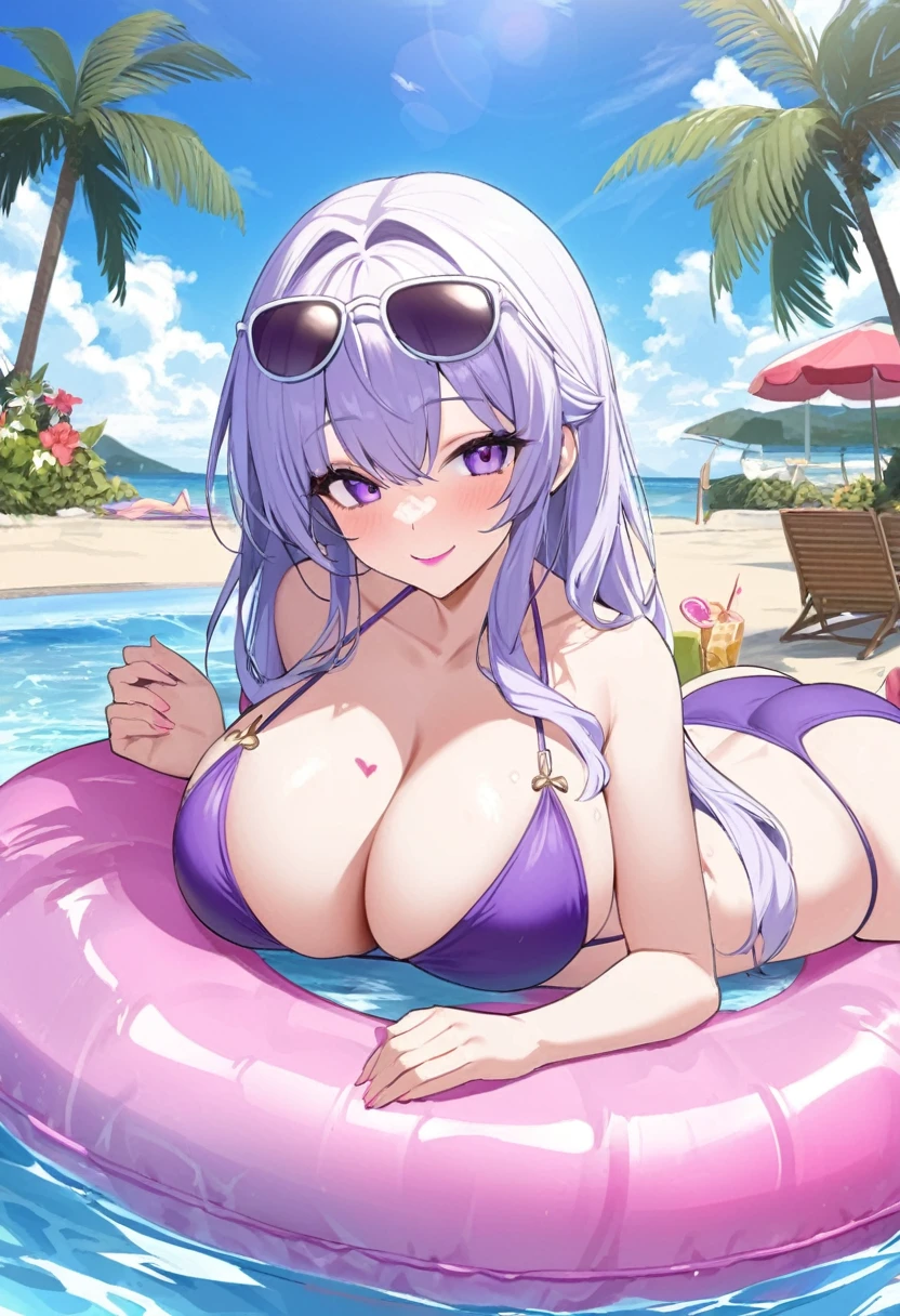 best aesthetic, 1girl, solo, long hair, breasts, looking at viewer, smile, bangs, very large breasts, really huge butt, big butt, swimsuit, cleavage, pink lipstick, kiss marks, outdoors, sky, day, bikini, cloud, tree, water, pedal, blue sky, purple bikini, pink pool float, inflatable butterfly wings, beach ball, sunglasses, palm tree, beachball, beach umbrella, ocean waves, a beautiful young woman wearing a purple bikini and sunglasses, lounging on a pool float in a sparkling blue pool. She is surrounded by tropical flowers and palm trees, and the scene is set against a backdrop of a bright blue sky with fluffy white clouds. The woman's pose is sexy and seductive as she floats in the pool, enjoying the sunshine. The colorful flowers, pool float, and her bold purple bikini all contribute to the fun, summery vibe. The overall atmosphere is cheerful and lighthearted, capturing the essence of a perfect poolside day.