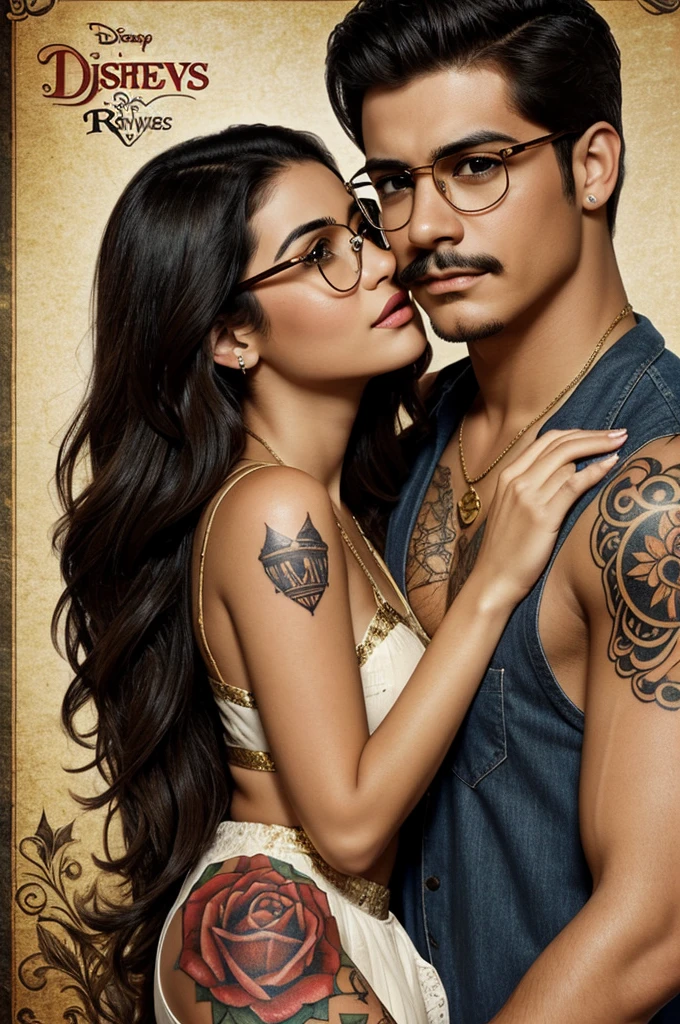 Disney type poster with a couple in love, Girl with black hair, gold glasses, labios rojos y Brown eyes, Brown hair boy, Brown eyes, with tattoos on his arms and a small mustache 