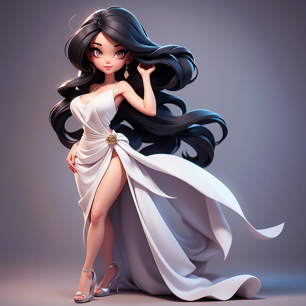 A sexy cartoon woman in white dress posing gracefully for a photo, beauty in loose dress, long straight black hair, Waist slender, sexy girl, mulher de corpo inteiro, wearing loose dress, beautiful seductive woman, slender figure, cartoon vector style, corpo pin-up, Broad Hips