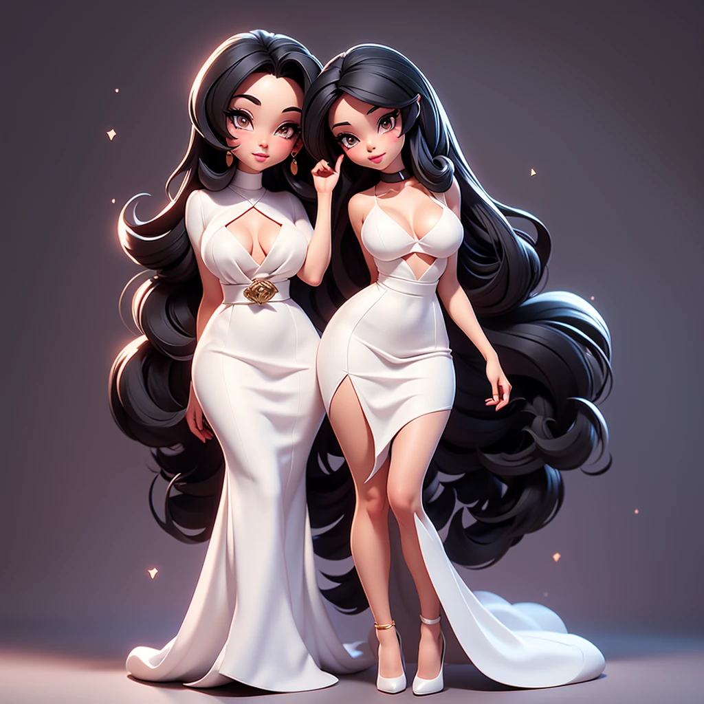 A sexy cartoon woman in white dress posing gracefully for a photo, beauty in loose dress, long straight black hair, Waist slender, sexy girl, mulher de corpo inteiro, wearing loose dress, beautiful seductive woman, slender figure, cartoon vector style, corpo pin-up, Broad Hips