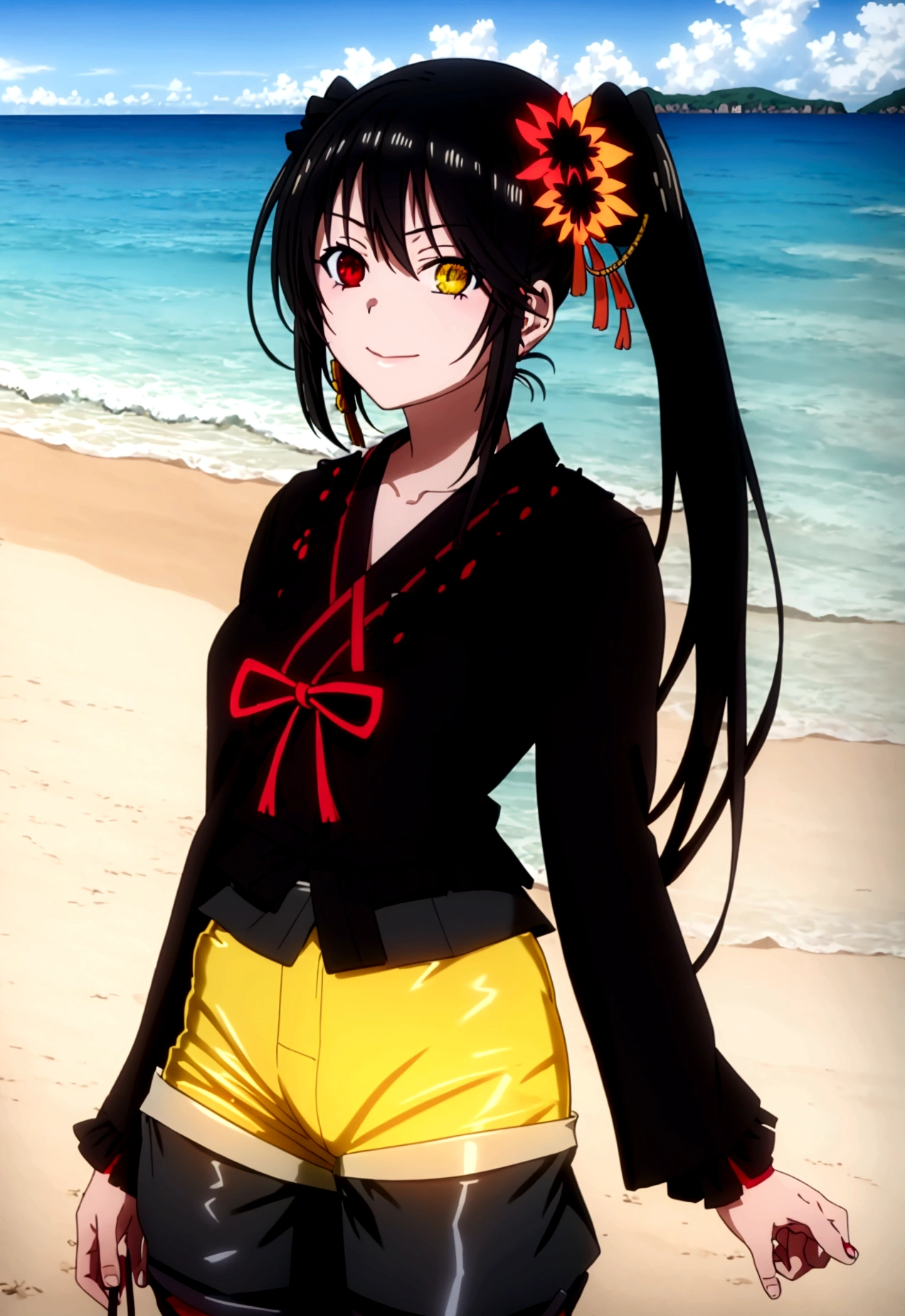 ultra-detailed,highly detailed, best quality,masterpiece, illustration, realistic, photo, photorealistic,
1girl, ((tokisaki kurumi)), ((cosplay)), hair over one eye, (right red eye, left yellow eye), looking at viewer, happy girl, (low twintail) , ((kimono)), (((Black hotpants))), hair rings, loafers,
(Outdoors), walking, ((beach)) 