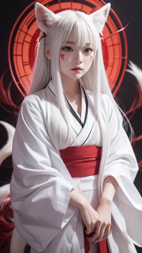 White Demon Fox、Nine-tailed Fox、Japanese women、kimono、Fair skin、Red lines on face、8K、I have long hair