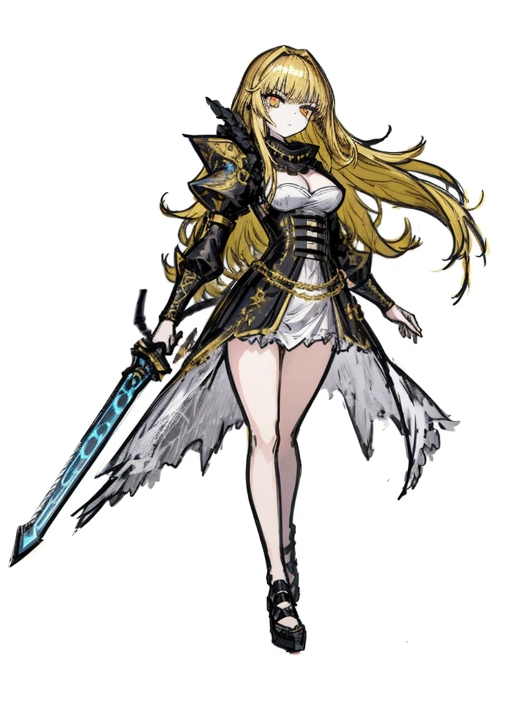 1girl, golden eyes, golden hair, noblewoman dress, gold accessories, nice clothes, (high resolution, high detail, best quality), 
black background, medium size breasts, legendary sword, serious, sad