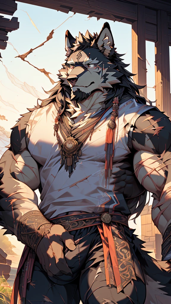 (masterpiece),(highres),(intricate details:1.4),extremely detailed,(illustration:1.2),8k,photorealistic,exquisite,,aged,elder male wolf,muscular,(general:1.7),,manhood,warrior,(black fur:1.3),long hair,long beard,(numerous scars:1.2),(badly damaged:1.7),(bulging crotch:1.8),(homosexual),(a serene face:1.9)