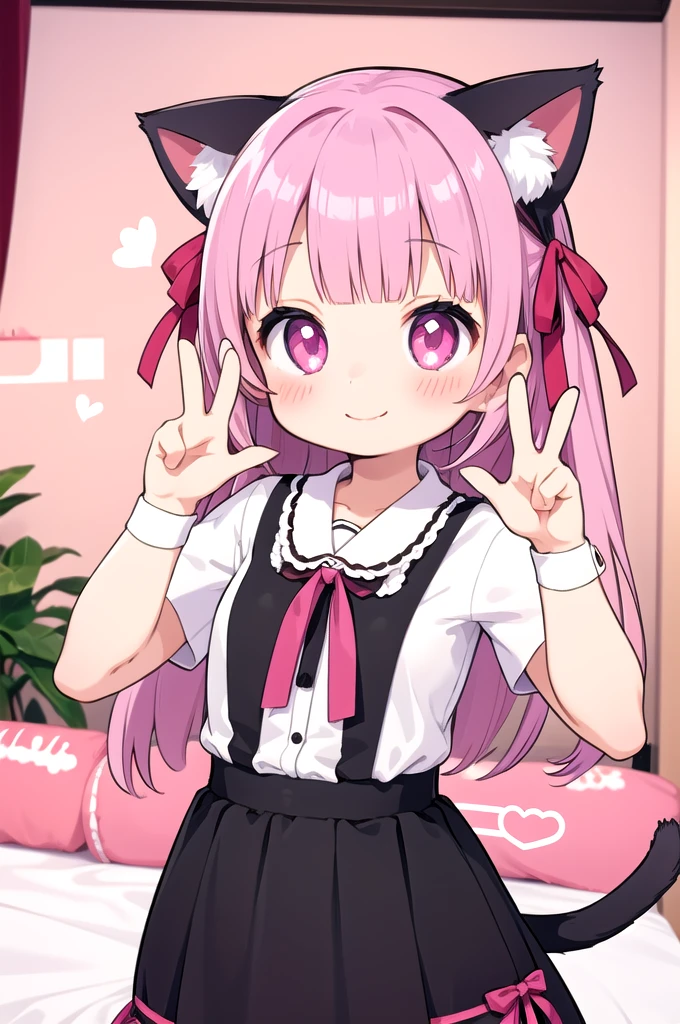 1girl,cat girl,animal ears,tail,looking at viewer,smile,peace sign,pink kawaii room,heart item,ribbon,standing,upper body,ahegao