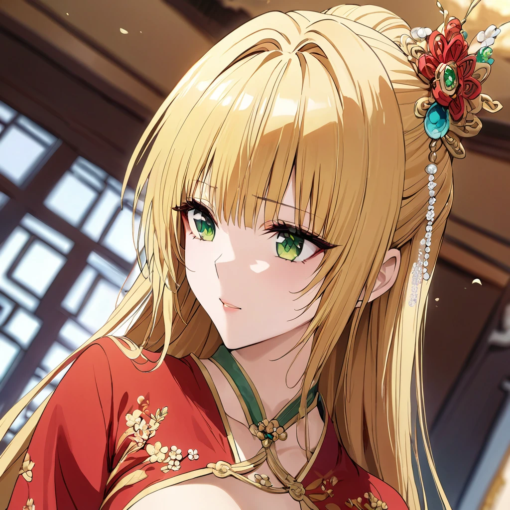 ((Highest quality)), ((masterpiece)), (detailed), (Perfect Face)、In a Chinese palace, a woman is wearing a Chinese Tianyi, a gorgeous and glittering red Hanfu with lots of gold embroidery, a gorgeous hair ornament, gorgeous jeweled accessories, and an engagement ring.、The woman is an elegant Chinese Tieryu with green eyes and medium-long blonde hair. She is wearing a red Hanfu with gorgeous gold embroidery all over it.