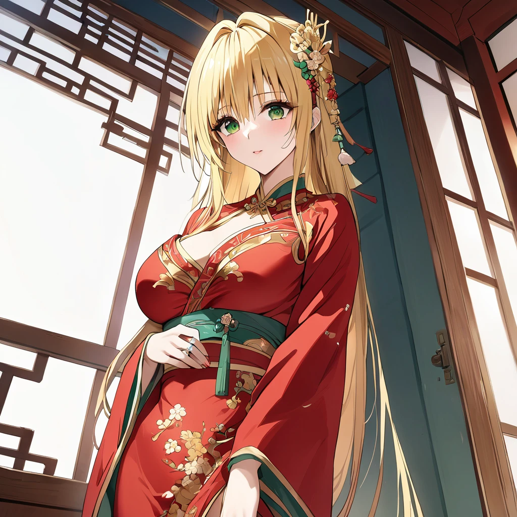 ((Highest quality)), ((masterpiece)), (detailed), (Perfect Face)、In a Chinese palace, a woman is wearing a Chinese Tianyi, a gorgeous and glittering red Hanfu with lots of gold embroidery, a gorgeous hair ornament, gorgeous jeweled accessories, and an engagement ring.、The woman is an elegant Chinese Tieryu with green eyes and medium-long blonde hair. She is wearing a red Hanfu with gorgeous gold embroidery all over it.