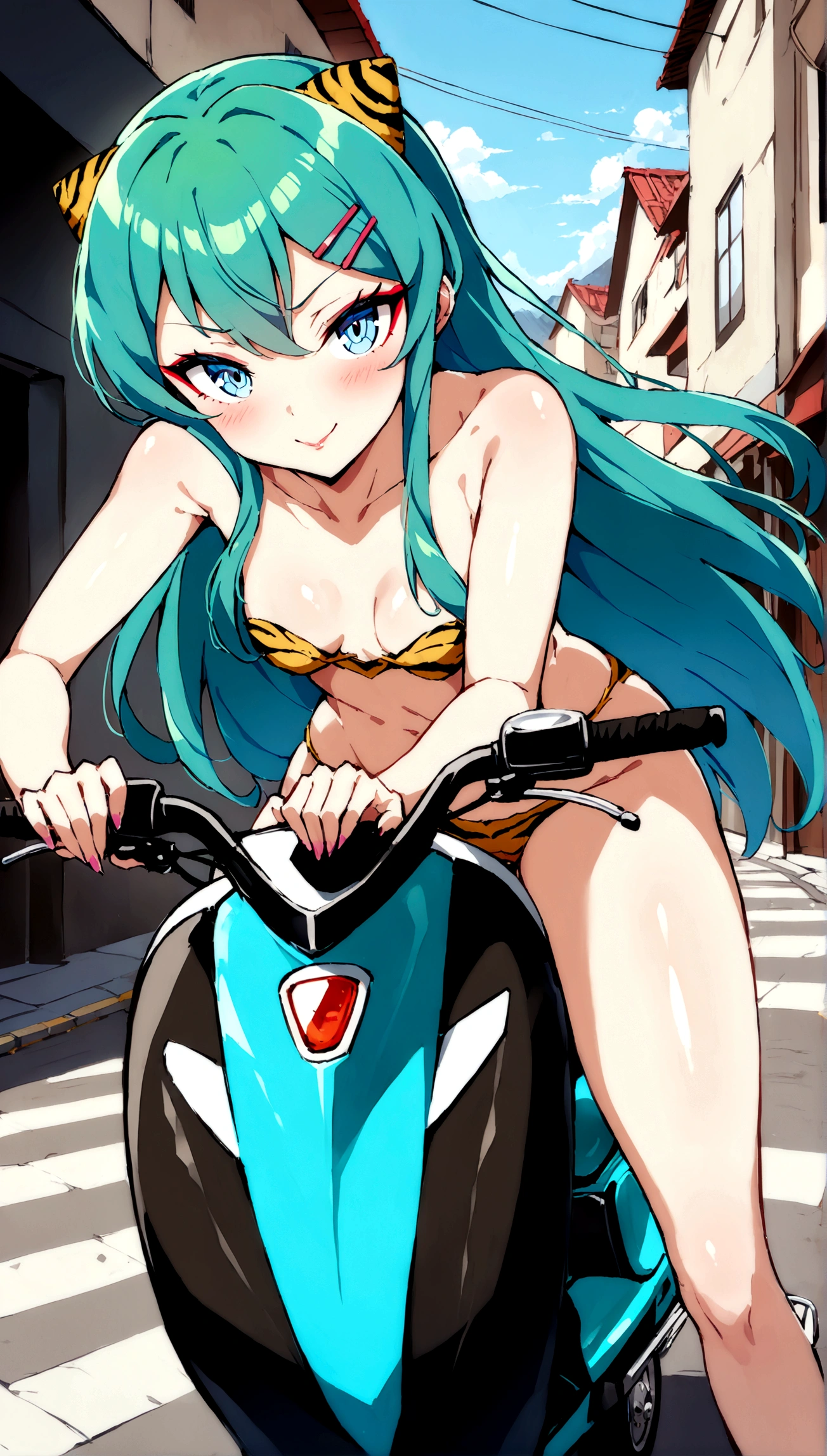 (score_9, score_8_up, score_7_up), lum, solo, long hair, bangs, green hair, blue eyes, aqua hair, tiny horns, eyeshadow, breasts, small breasts, looking at viewer, blush, teasing smile, (masterpiece), perfect sexy female body, (sexy and seductive pose:1.3), street, mountain, EPsoaSinon, hair between eyes, (hair ornament:1.2), hairclip, sidelocks, riding, business suit, strapless, black pants, white collared shirt, kanedabike, yellow tiger-stripped bigscooter,